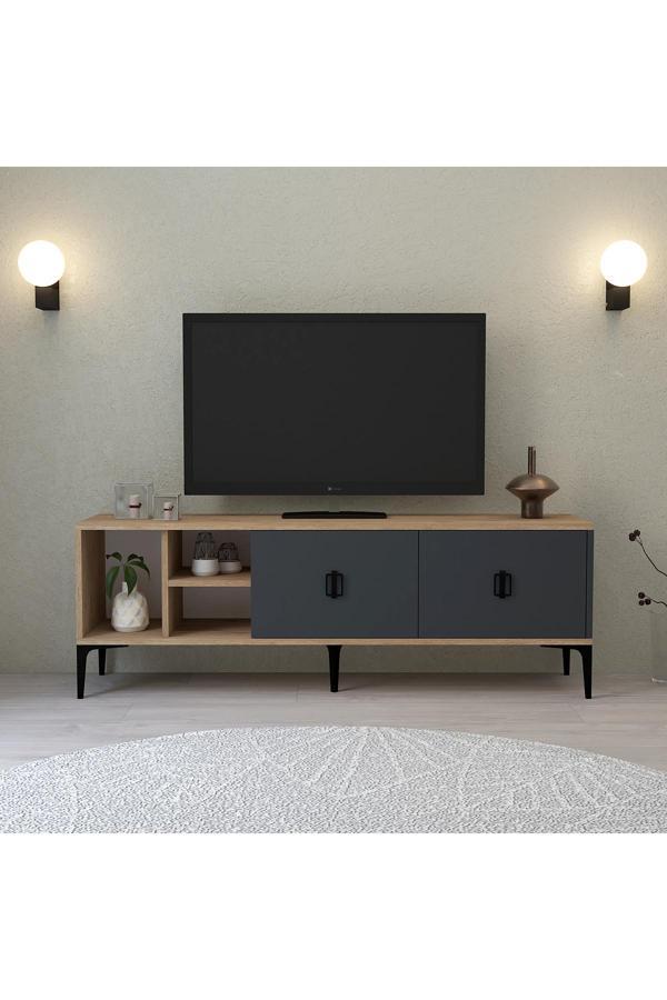 Evmo Home 3505 Era Tv Ünitesi 150 Cm Kapaklı Raflı Antrasit - NaturalTv Sehpası - Image 1