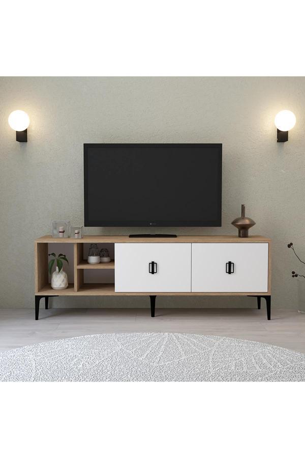 Evmo Home 3504 Era Tv Ünitesi 150 Cm Kapaklı Raflı Natural- Beyaz Tv Sehpası - Image 1
