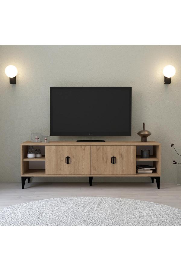Evmo Home 3507 Deren Tv Ünitesi 150 Cm Raflı Kapaklı NaturalTv Sehpası - Image 1