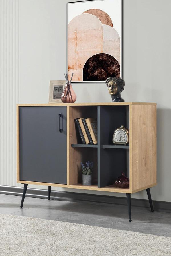 Evmo Home 4109 Şile Metal Ayaklı Metal Kulplu 100 Cm Konsol - Tv Ünitesi - Yemek Odası - Kahve Köşesi Antrasit - Image 1