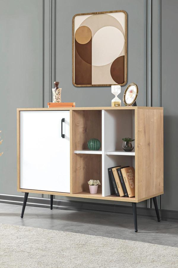Evmo Home 4111 Şile Metal Ayaklı Metal Kulplu 100 Cm Konsol - Tv Ünitesi - Yemek Odası - Kahve Köşesi Beyaz - Image 1