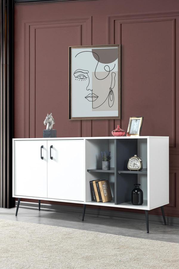 Evmo Home 4612 Şile Metal Ayaklı Metal Kulplu Konsol - Yemek Odası - Salon Odası Beyaz - Image 1