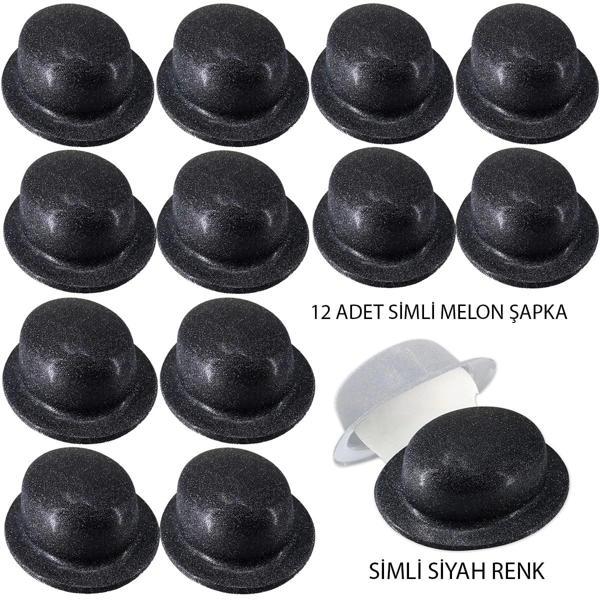 Siyah Renk Simli Melon Yulak Parti Şapkası 12 Adet - Image 1