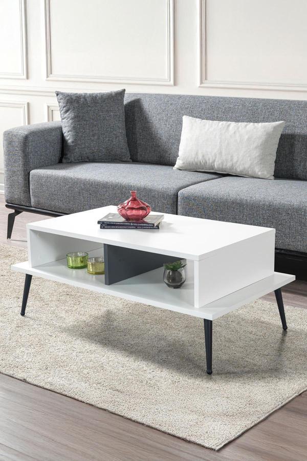 Evmo Home 2012 Şile Metal Ayaklı Orta Sehpa , Salon Sehpası Beyaz - Antrasit - Image 1