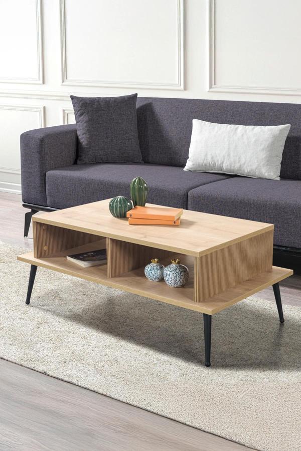 Evmo Home 2010 Şile Metal Ayaklı Orta Sehpa , Salon Sehpası Ahşap - Safir - Image 1
