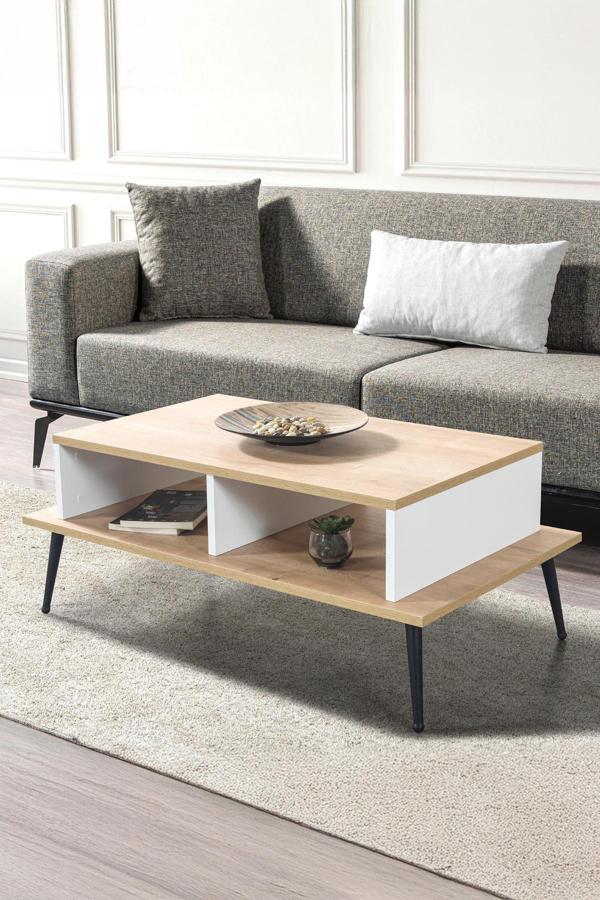 Evmo Home 2011 Şile Metal Ayaklı Orta Sehpa , Salon Sehpası Beyaz - Safir - Image 1