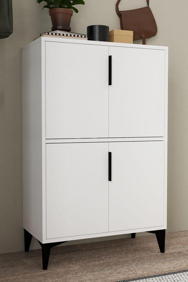 Evmo Home 1401 Ada Ayakkabılık 4 Raflı 4 Kapaklı Çok Amaçlı Dolap Kiler Beyaz - Image 1