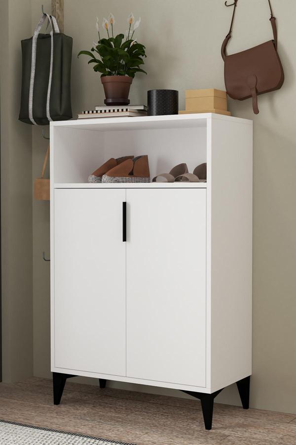 Evmo Home 1201 Ada Ayakkabılık 4 Raflı 2 Kapaklı Çok Amaçlı Dolap Beyaz - Image 1