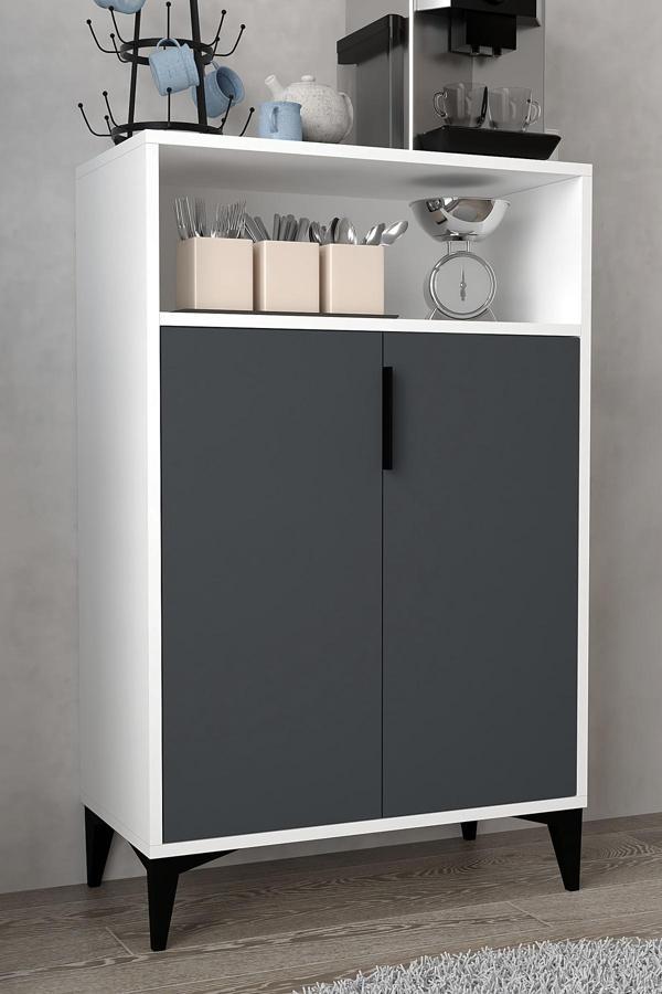 Evmo Home 1202 Ada Çok Amaçlı Dolap , Kahve Köşesi , Kiler Dolabı , Mutfak Standı 2 Kapılı - Beyaz Antrasit - Image 1