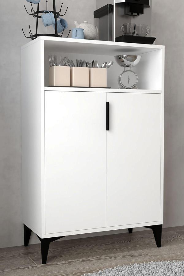 Evmo Home 1201 Ada Çok Amaçlı Dolap , Kahve Köşesi , Kiler Dolabı , Mutfak Standı 2 Kapılı 4 Bölmeli - Beyaz - Image 1