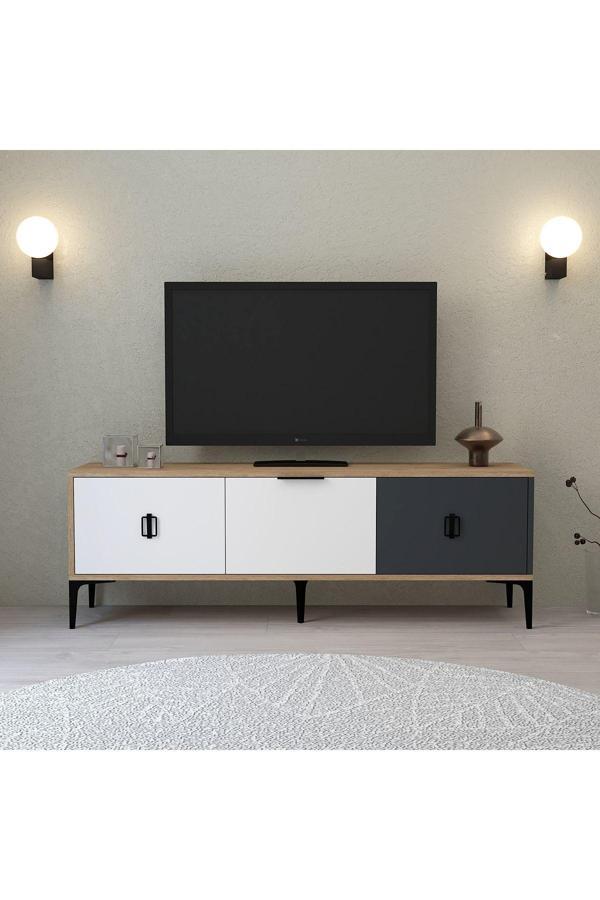 Evmo Home Neva Tv Ünitesi 150 Cm Kapaklı Natural- Beyaz - Antrasit Tv Sehpası - Image 1