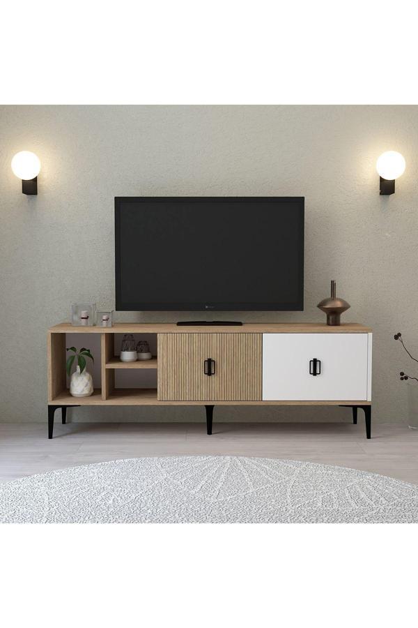 Evmo Home 3506 Era Tv Ünitesi 150 Cm Kapaklı Raflı Natural- Ahşap - Beyaz Tv Sehpası - Image 1