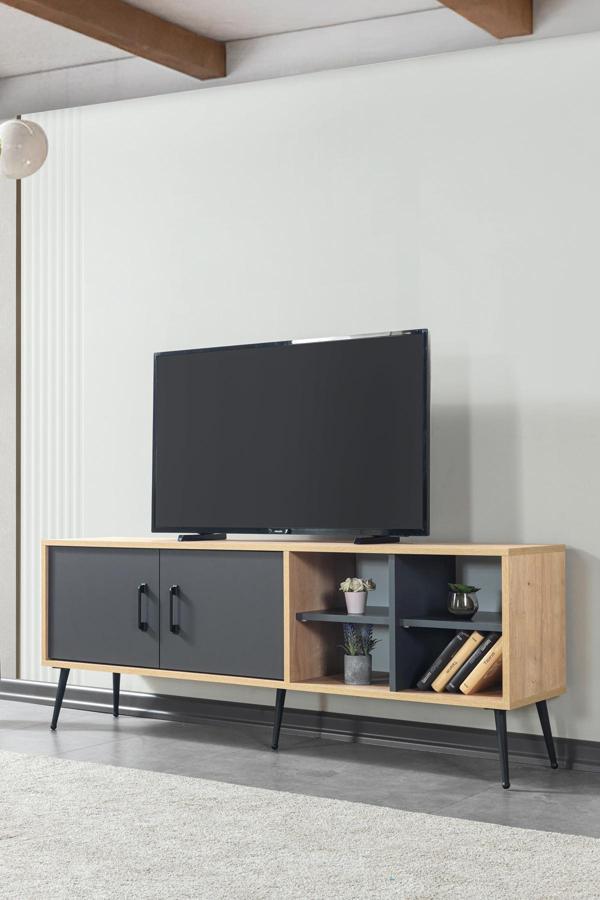 Evmo Home 3609 Şile Metal Ayaklı Metal Kulplu 160 Cm Tv Ünitesi Antrasit - Safir - Image 1