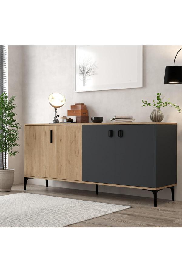 Evmo Home 4001 Neva Konsol 180 Cm Natural- Antrasit Tv Ünitesi - Yemek Odası - Kahve Köşesi - Image 1