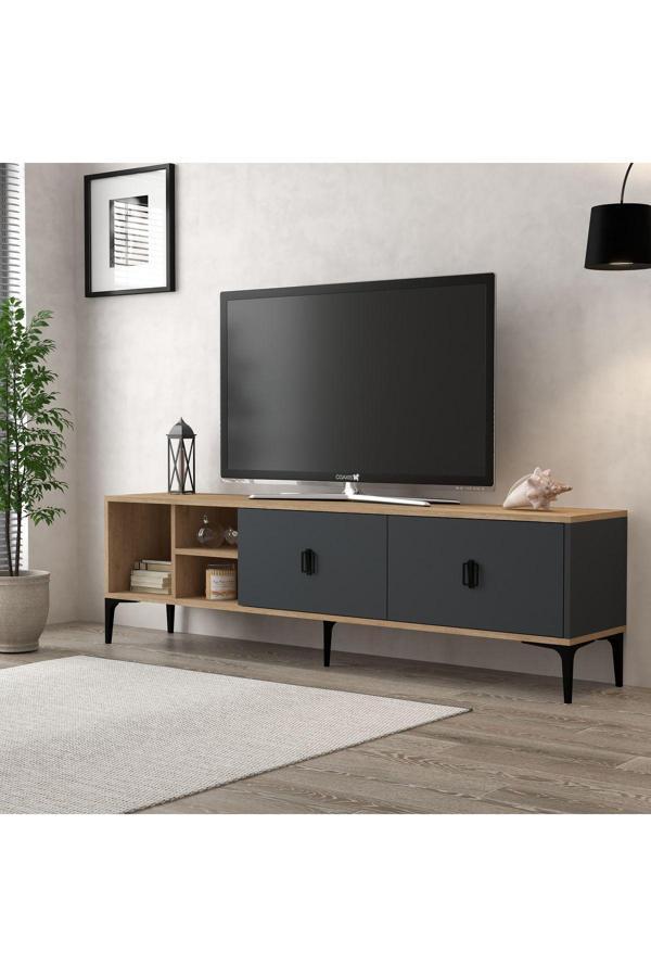 Evmo Home 3805 Era Tv Ünitesi 180 Cm 2 Kapaklı Raflı Natural- Antrasit Tv Sehpası - Image 1
