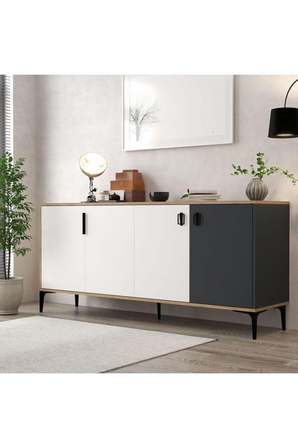 Evmo Home 4002 Neva Konsol 180 Cm Natural- Beyaz - Antrasit Tv Ünitesi - Yemek Odası - Kahve Köşesi - Image 1