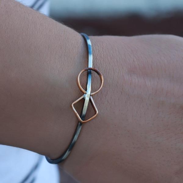 Geometrik Motif Rose Gold Çizgili Otantik Gümüş Kelepçe - Image 1
