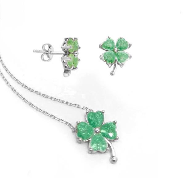 Yeşil Zirkon Taşlı Yonca Gümüş Set - Image 1