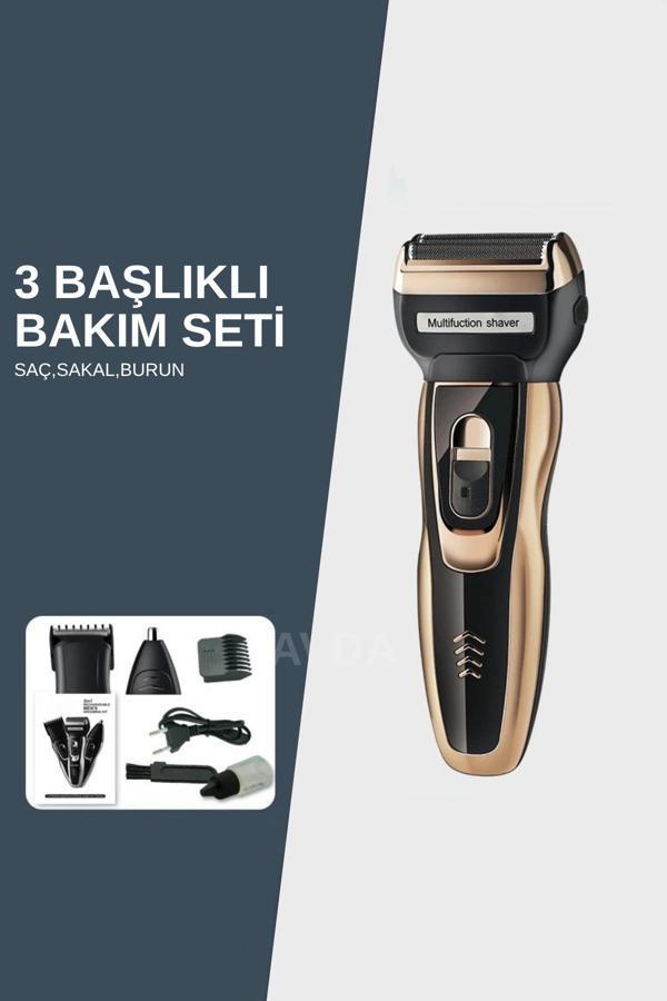 Avda Old 3 Başlıklı Şarjlı Tıraş Makinesi – T Bıçak, Ense Sıfırlayıcı, Burun Başlığı - Image 1