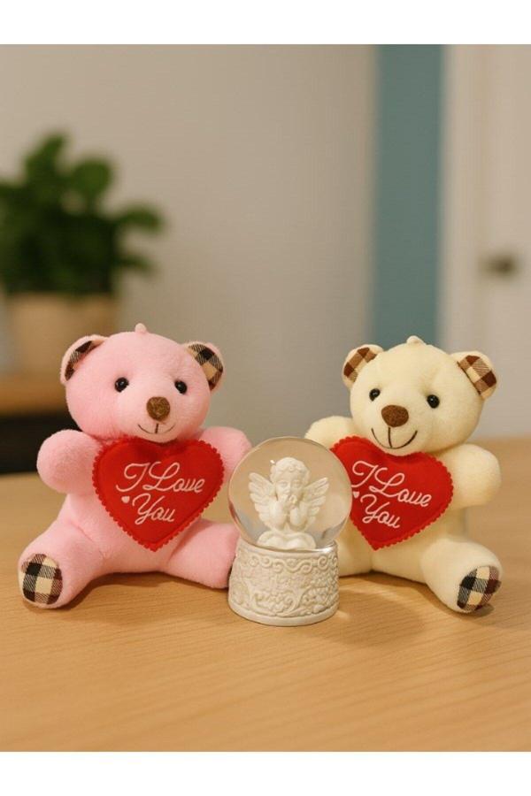 Sevgiliye Eşe Özel Günlere Hediye 2 Adet Sevimli Mini Peluş Ayıcık ve Mini Melek Kar Küresi Set - Image 1