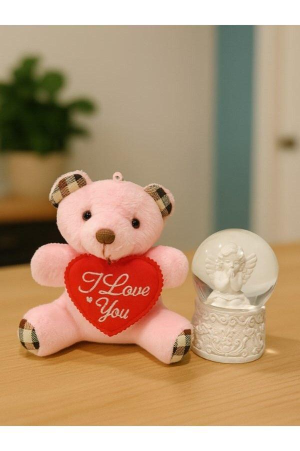 Sevgiliye Eşe Özel Günlere Hediye Sevimli Mini Peluş Ayıcık ve Mini Melek Kar Küresi Set Pembe - Image 1