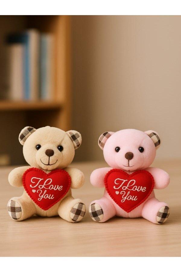 Sevgiliye Özel Günlere Hediye 2 Adet Sevimli Mini Peluş Ayıcık Kalpli 'I Love You' Mesajlı 11x9 CM - Image 1