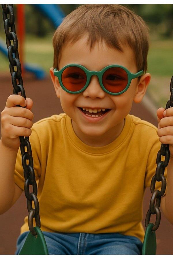 Sevimli Çocuk Güneş Gözlüğü Koyu Yeşil Yuvarlak Çerçeve UV 400 Korumalı CE Belgeli Kids Çocuk Gözlük - Image 1