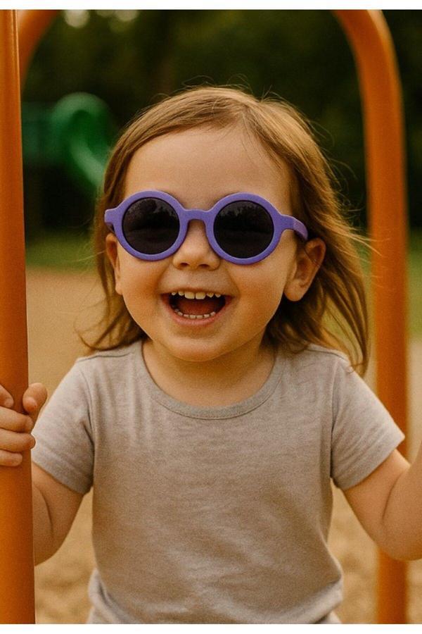 Sevimli Çocuk Güneş Gözlüğü Mor Yuvarlak Çerçeve UV 400 Korumalı CE Belgeli Kids Çocuk Güneş Gözlüğü - Image 1