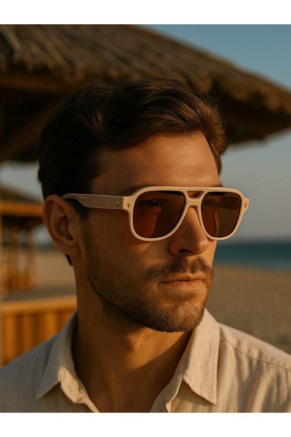 Yazın En Şık Gözlüğü Seni Bekliyor Retro Stil Unisex Bej Çerçeveli Erkek Güneş Gözlüğü UV400 Koruma - Image 1