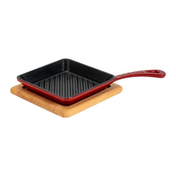 Mini Kare Izgara Tava Kayın Ahşap Altlıklı Döküm Demir Yekpare Saplı Ölçü 16x16cm. - Image 1