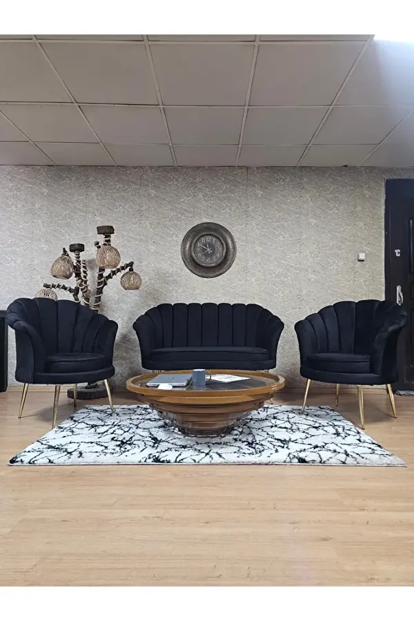 İstiridye Takım Gold Kaplama Sivriltme Ayak Çay Seti Koltuk Takımı Siyah Renk 110 x 48 Boyut/Ebat - Image 1