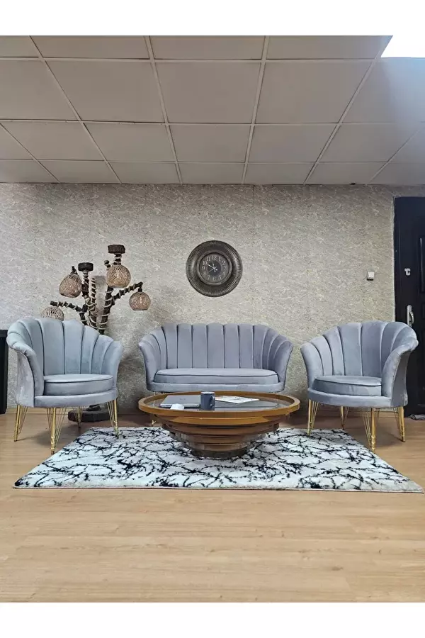İstiridye Takım Gold Kaplama Telli Ayak Çay Seti Koltuk Takımı Gri Renk 110 x 48 Boyut/Ebat - Image 1