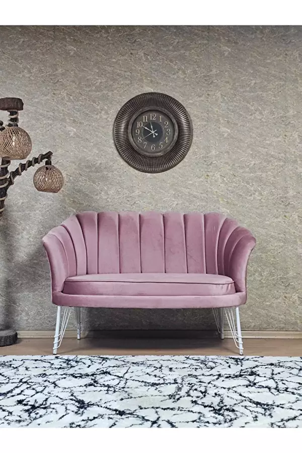 İkili İstiridye Beyaz Boyalı Telli Ayak Çay Seti Koltuk Tekli Berjer , İkili Berjer Koltuk Pembe Renk 110 x 48 Boyut/Ebat - Image 1