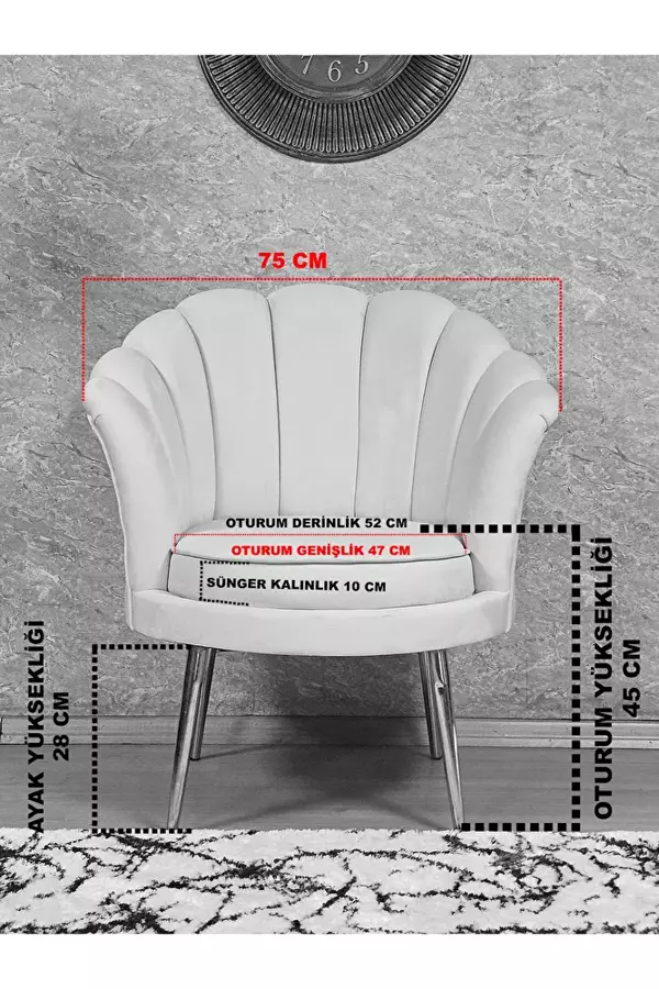 Tekli İstiridye Krom Kaplama Sivriltme Ayak Çay Seti Koltuk Tekli Berjer , Balkon, Salon, Ofis Krem Renk 47 x 47 Boyut/Ebat - Image 1