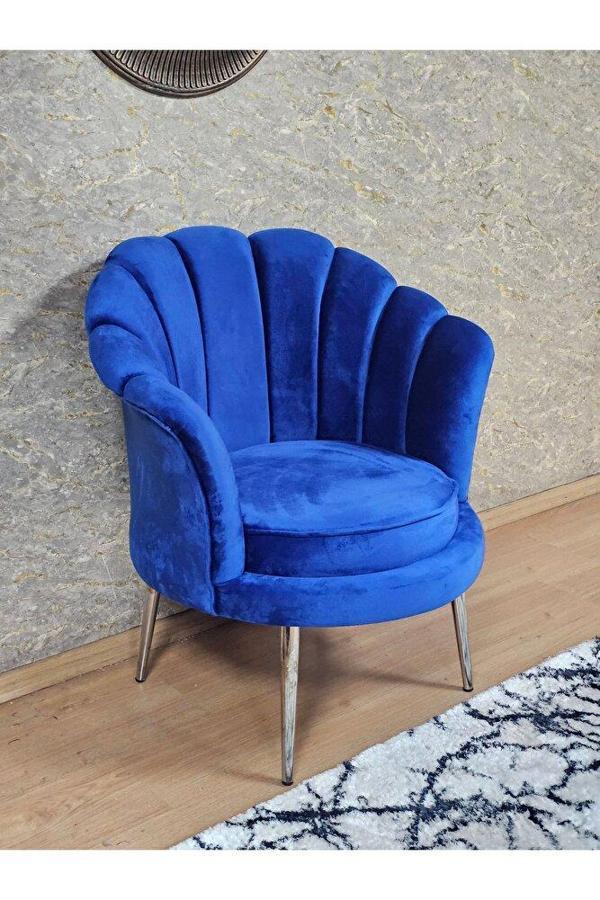 Tekli İstiridye Krom Kaplama Sivriltme Ayak Çay Seti Koltuk Tekli Berjer , Balkon, Salon, Ofis Mavi Renk 47 x 47 Boyut/Ebat - Image 1