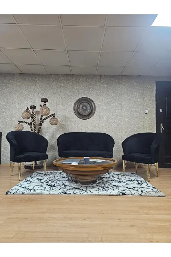 TEDDY Takım Gold Kaplama Telli Ayak Çay Seti Koltuk - Berjer , Balkon, Salon, Ofis Siyah Renk 40 x 125 Boyut/Ebat - Image 1