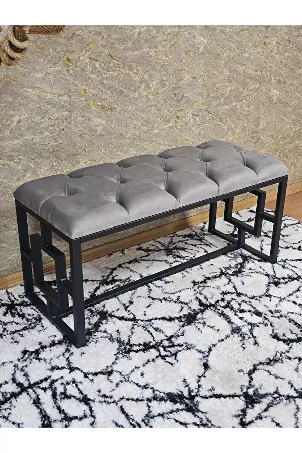 Siyah Boyalı İçi Kareli Diktörtgen 100 cm x 40 cm Oturak Puf - Bench - Makyaj Oturağı - Oturak Gri Renk 100 x 40 Boyut/Ebat - Image 1