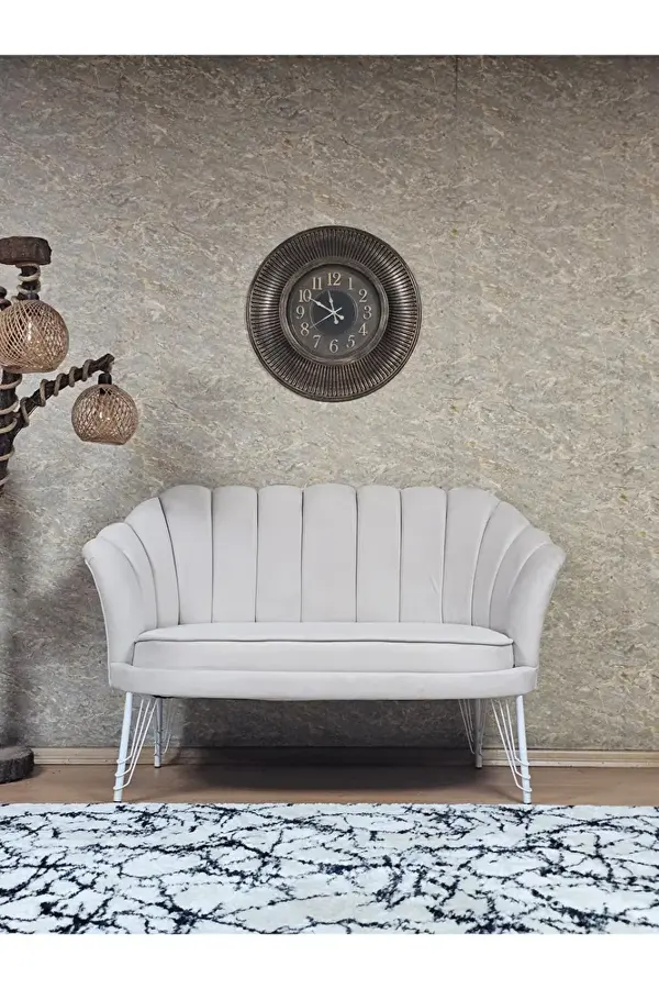 İkili İstiridye Beyaz Boyalı Telli Ayak Çay Seti Koltuk Tekli Berjer , İkili Berjer Koltuk Krem Renk 110 x 48 Boyut/Ebat - Image 1