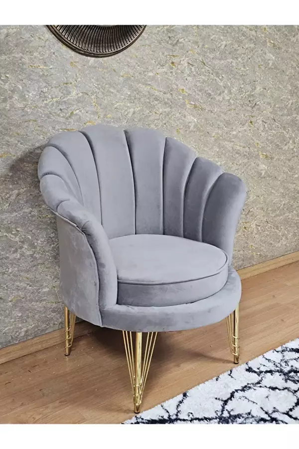 Tekli İstiridye Gold Kaplama Telli Ayak Çay Seti Koltuk Tekli Berjer , Balkon, Salon, Ofis Gri Renk 47 x 47 Boyut/Ebat - Image 1