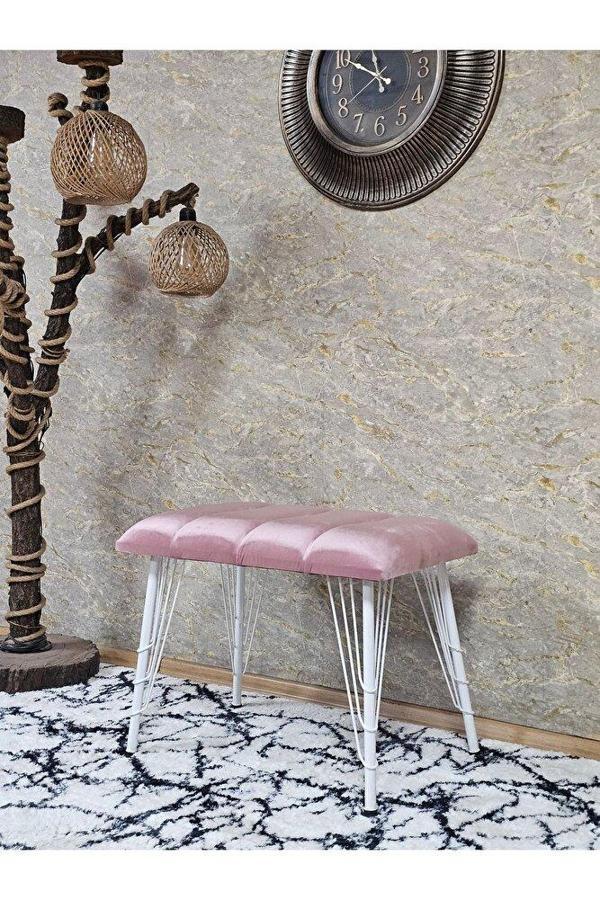 Metal Beyaz Tel Ayaklı 60 cm Puf Bench - Puf - Bench - Oturak - Mutfak Oturağı - Antre Oturağı Pembe Renk 60 x 40 Boyut/Ebat - Image 1