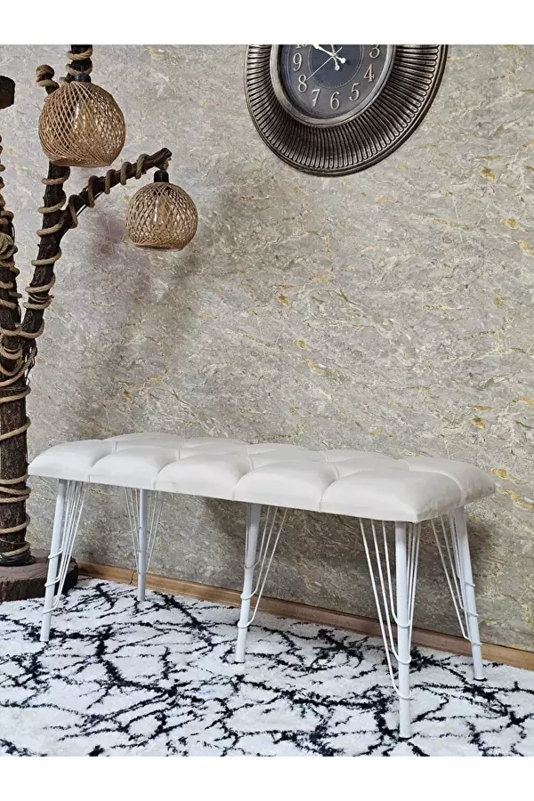 Metal Beyaz Tel Ayaklı 100 cm Puf Bench - Puf - Bench - Oturak - Mutfak Oturağı - Antre Oturağı Krem Renk 100 x 40 Boyut/Ebat - Image 1