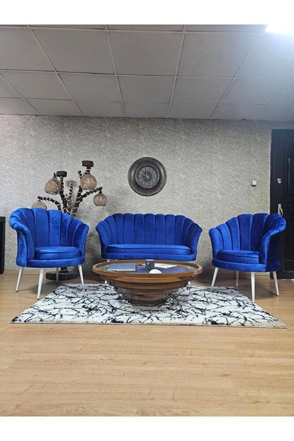 İstiridye Takım Beyaz Boyalı Sivriltme Ayak Çay Seti Koltuk Takımı Mavi Renk 110 x 48 Boyut/Ebat - Image 1
