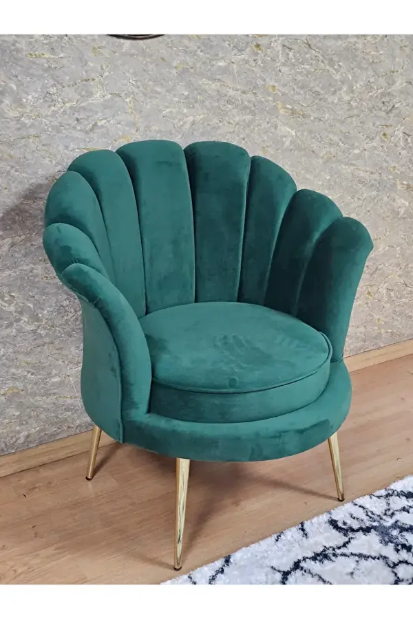 Tekli İstiridye Gold Kaplama Sivriltme Ayak Çay Seti Koltuk Tekli Berjer , Balkon, Salon, Ofis Yeşil Renk 47 x 47 Boyut/Ebat - Image 1