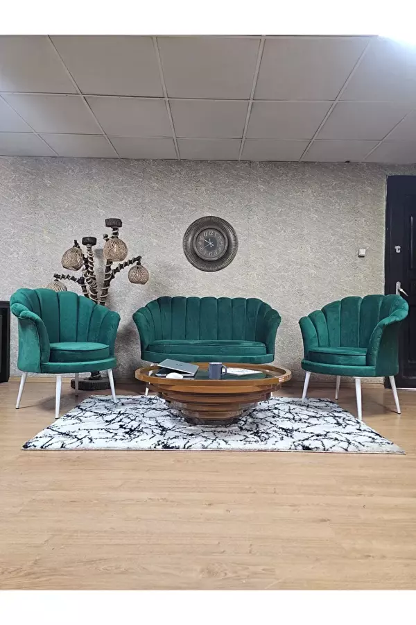İstiridye Takım Beyaz Boyalı Sivriltme Ayak Çay Seti Koltuk Takımı Yeşil Renk 110 x 48 Boyut/Ebat - Image 1