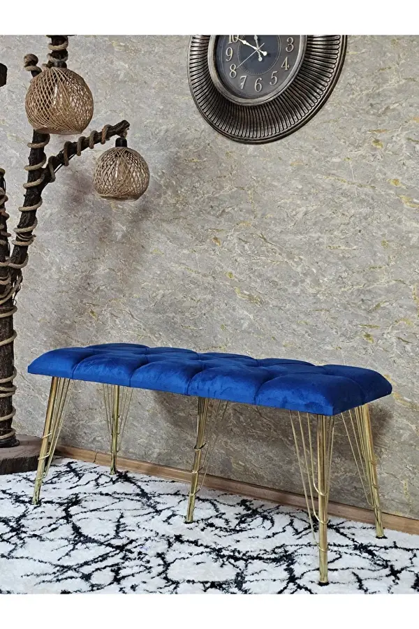 Metal Gold Tel Ayaklı 100 cm Puf Bench - Puf - Bench - Oturak - Mutfak Oturağı - Antre Oturağı Mavi Renk 100 x 40 Boyut/Ebat - Image 1