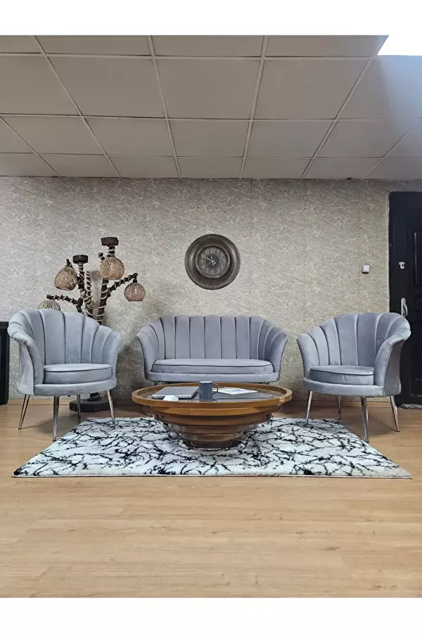 İstiridye Takım Krom Kaplama Sivriltme Ayak Çay Seti Koltuk Takımı Gri Renk 110 x 48 Boyut/Ebat - Image 1