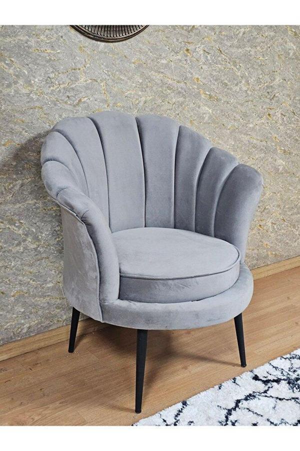 Tekli İstiridye Siyah Boyalı Sivriltme Ayak Çay Seti Koltuk Tekli Berjer , Balkon, Salon, Ofis Gri Renk 47 x 47 Boyut/Ebat - Image 1