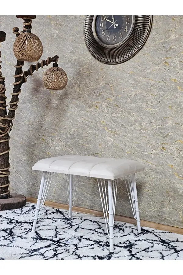 Metal Beyaz Tel Ayaklı 60 cm Puf Bench - Puf - Bench - Oturak - Mutfak Oturağı - Antre Oturağı Krem Renk 60 x 40 Boyut/Ebat - Image 1