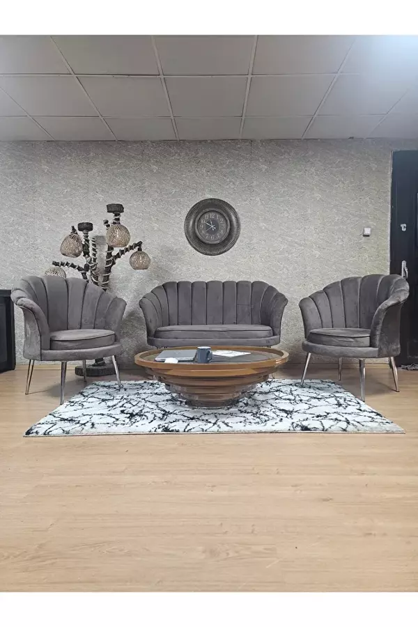 İstiridye Takım Krom Kaplama Sivriltme Ayak Çay Seti Koltuk Takımı Kahverengi Renk 110 x 48 Boyut/Ebat - Image 1