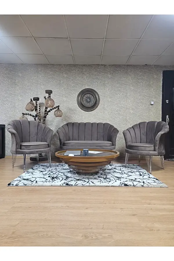 İstiridye Takım Krom Kaplama Telli Ayak Çay Seti Koltuk Takımı Kahverengi Renk 110 x 48 Boyut/Ebat - Image 1